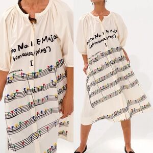 Cream Midi Dress with Musical Note Print